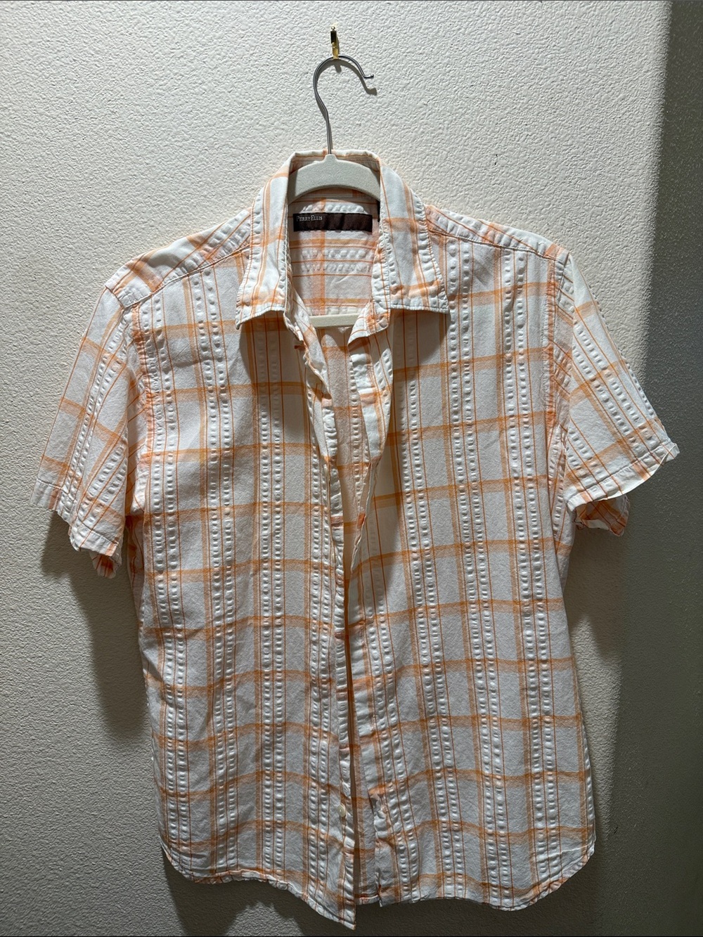 Perry Ellis Men's Short-Sleeve Orange Plaid Button-Up Shirt